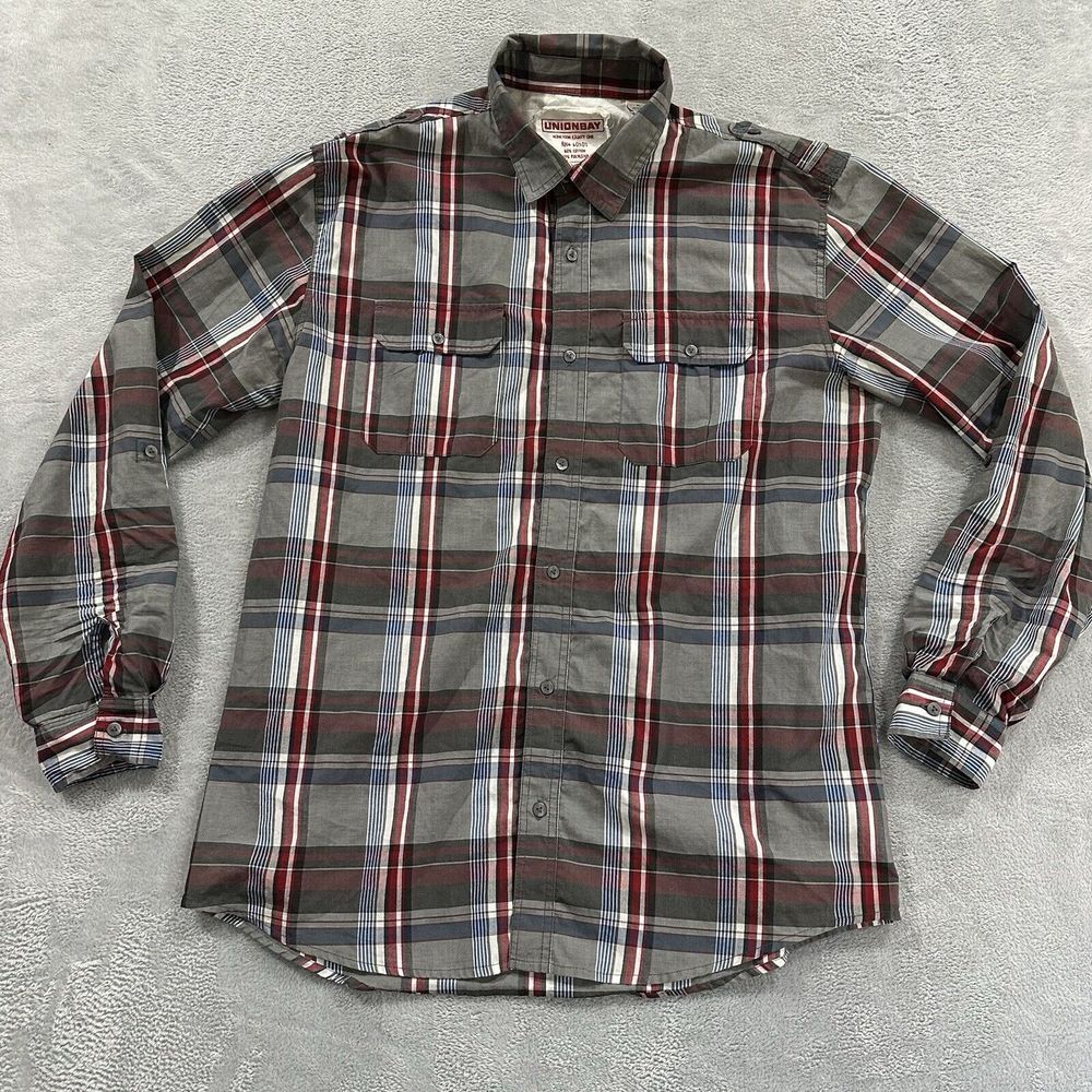 UnionBay Long Sleeve Button Shirt Men XL Red Grey Plaid Eco